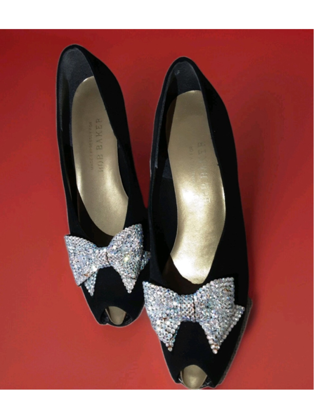 GLITTERING RHINESTONE BOWS VTG Black Peeptoe Pumps-BOB BAKER-Glam Sz 7-7.5